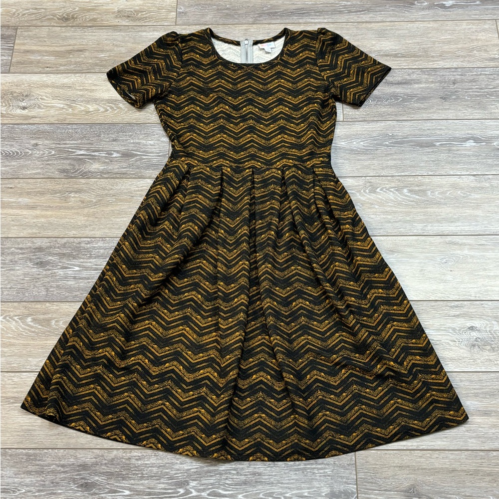LuLaRoe Black and Gold Chevron Fit & Flare Dress